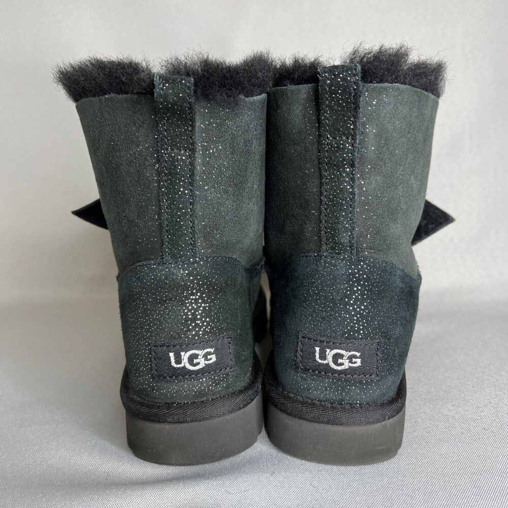 Women's Ugg Boots Sz 7 Black Gita Twinkle Bow Mini Bootie Satin Bow Glitter-like - Picture 7 of 16